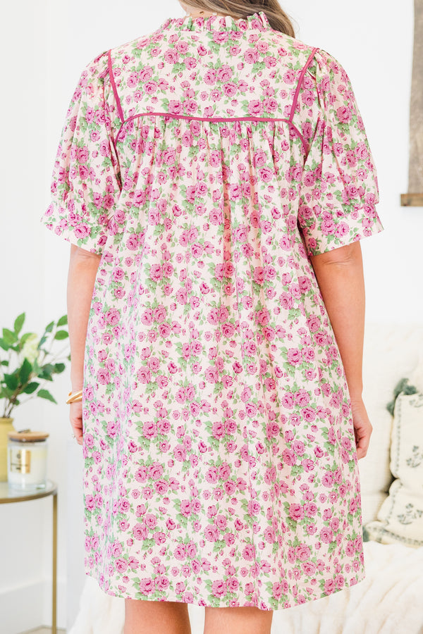 Chic Soul plus size clothing, pink short sleeve mini dress with v cutout along neckline with collar detail with tie with floral pattern