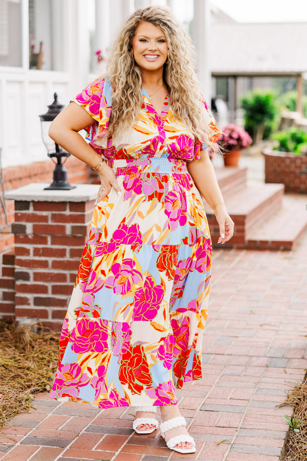 Chic Soul plus size clothing, short sleeve ivory multi maxi dress with ruffles and v-neckline