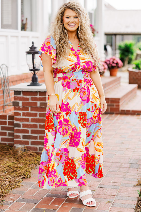 Chic Soul plus size clothing, short sleeve ivory multi maxi dress with ruffles and v-neckline