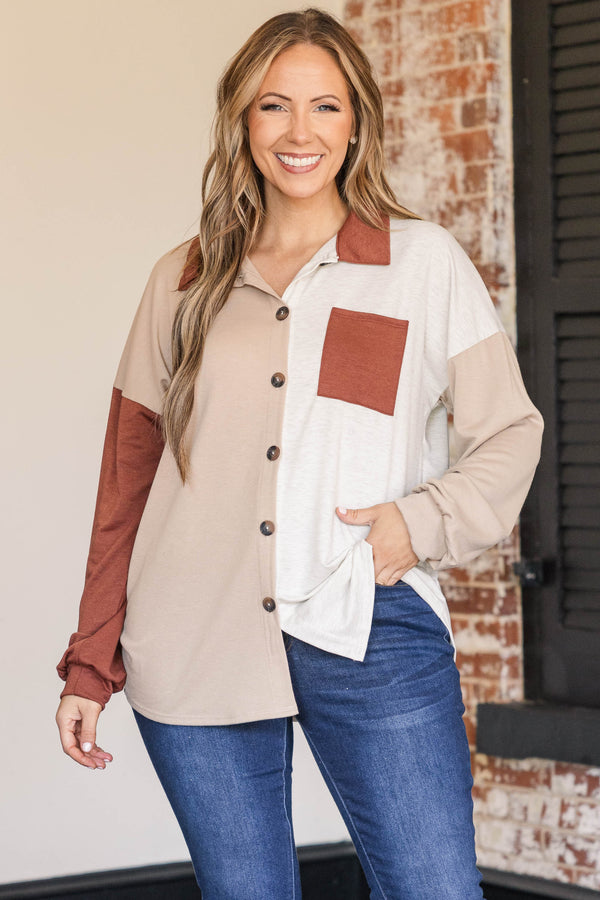 Chic Soul plus size clothing, oatmeal colored button up shacket with rust and light pink details