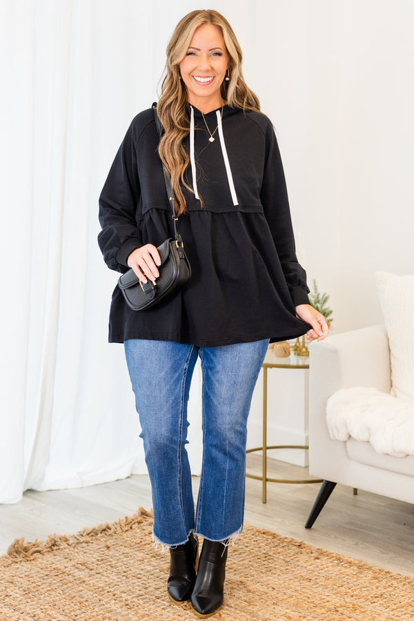 Chic Soul plus size clothing, black long sleeve hoodie pullover with ruffle along bottom and hoodie drawstring detail with cuff sleeves