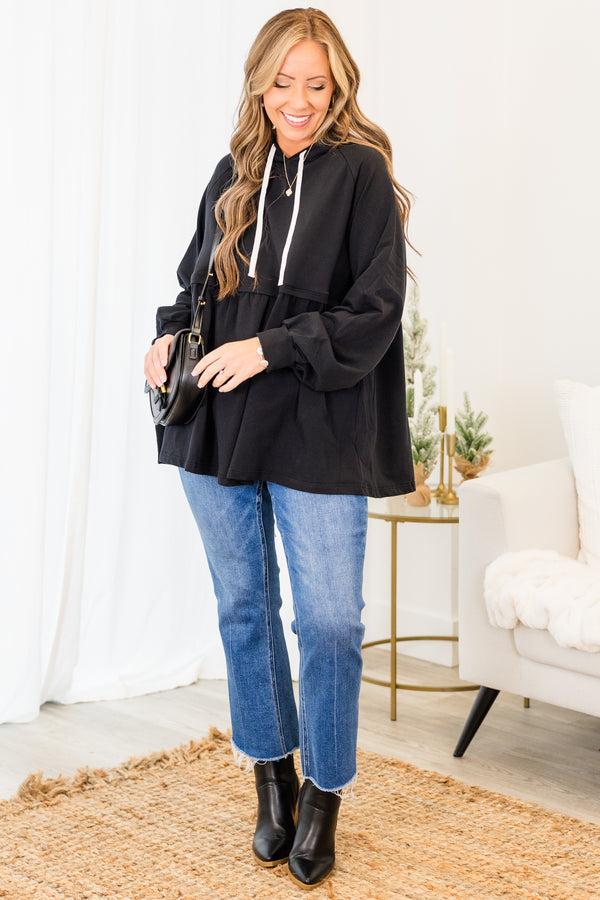 Chic Soul plus size clothing, black long sleeve hoodie pullover with ruffle along bottom and hoodie drawstring detail with cuff sleeves