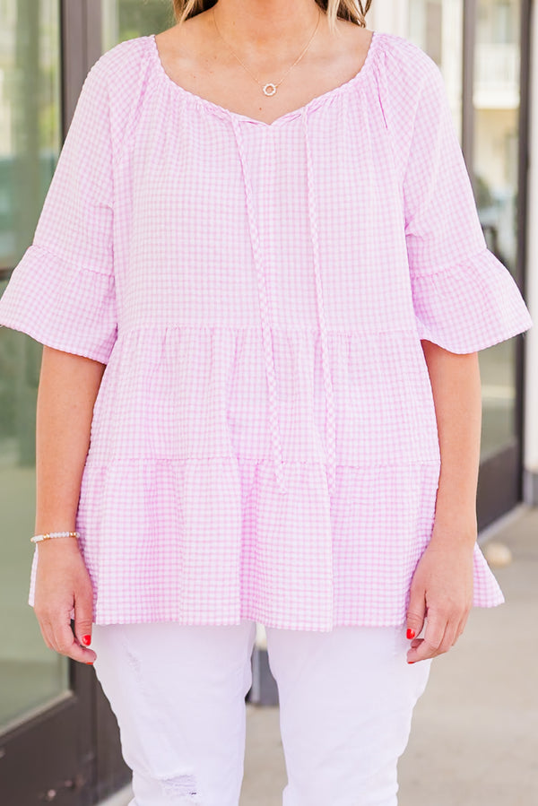 Chic Soul plus size clothing, short-sleeve ruffled light pink top with plaid pattern and string details