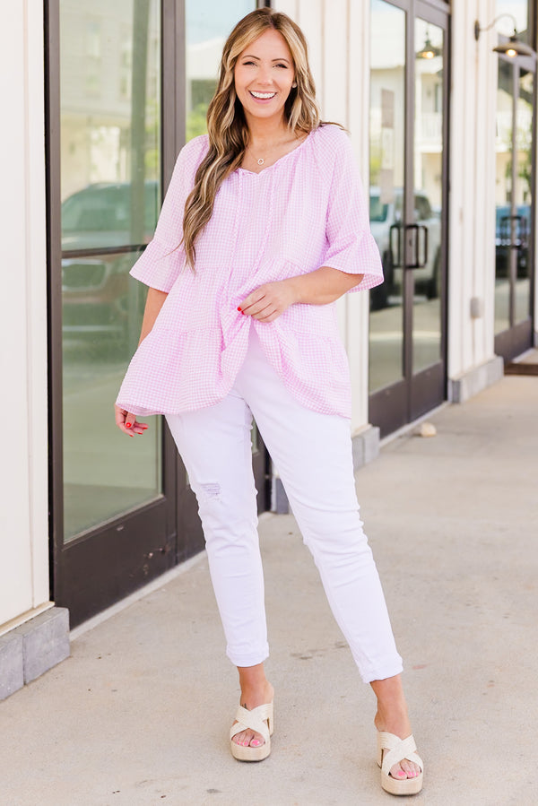 Chic Soul plus size clothing, short-sleeve ruffled light pink top with plaid pattern and string details
