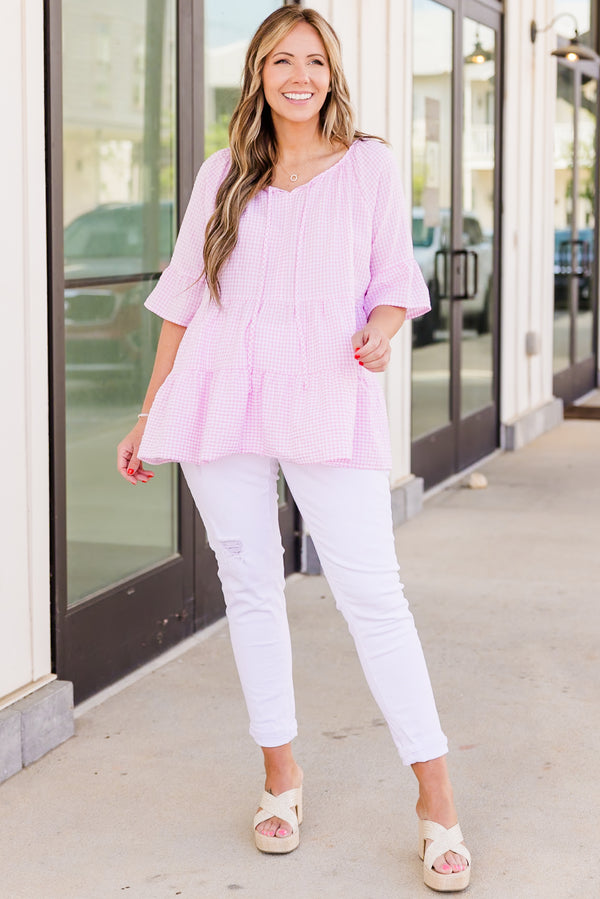 Chic Soul plus size clothing, short-sleeve ruffled light pink top with plaid pattern and string details