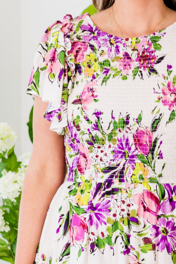 Chic Soul plus size clothing, purple floral maxi dress with smocked bodice and flutter sleeves