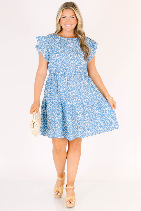 Chic Soul plus size clothing, short sleeve light blue and white spotted baby doll dress with ruffled detailing