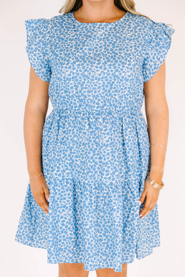 Chic Soul plus size clothing, short sleeve light blue and white spotted baby doll dress with ruffled detailing