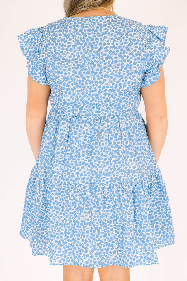 Chic Soul plus size clothing, short sleeve light blue and white spotted baby doll dress with ruffled detailing