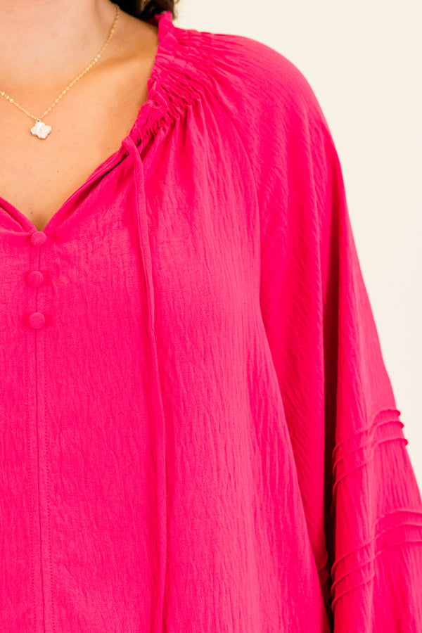 Chic Soul plus size clothing, long-sleeve fuchsia top with smocked v-neckline with tassels and abstract chevron stitching on the sleeves 