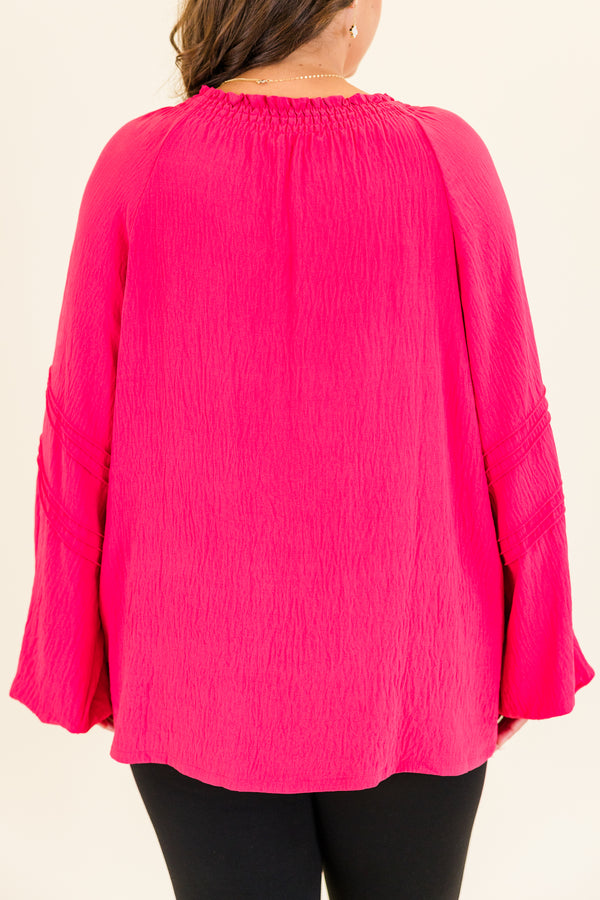 Chic Soul plus size clothing, long-sleeve fuchsia top with smocked v-neckline with tassels and abstract chevron stitching on the sleeves 