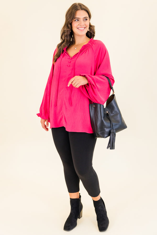 Chic Soul plus size clothing, long-sleeve fuchsia top with smocked v-neckline with tassels and abstract chevron stitching on the sleeves 