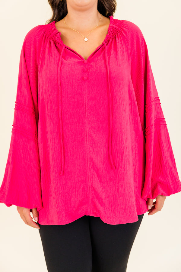 Chic Soul plus size clothing, long-sleeve fuchsia top with smocked v-neckline with tassels and abstract chevron stitching on the sleeves 