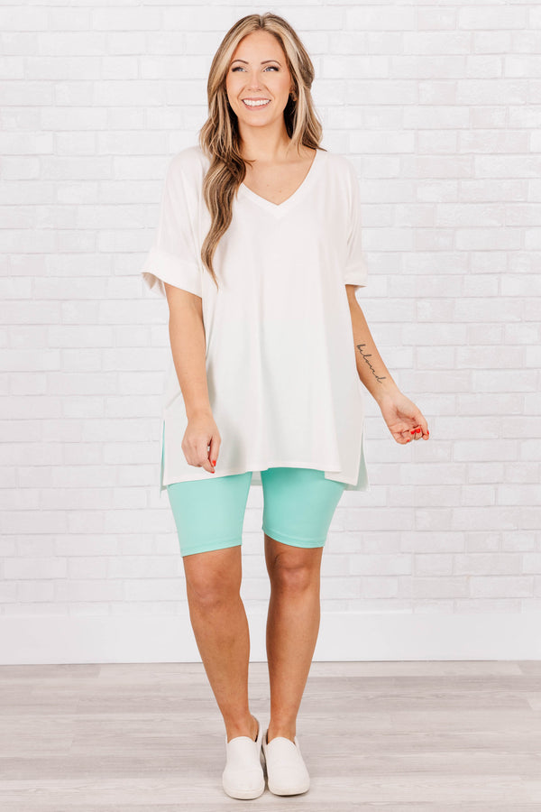 Chic Soul plus size clothing, mint colored stretchy biker shorts with elastic waistband