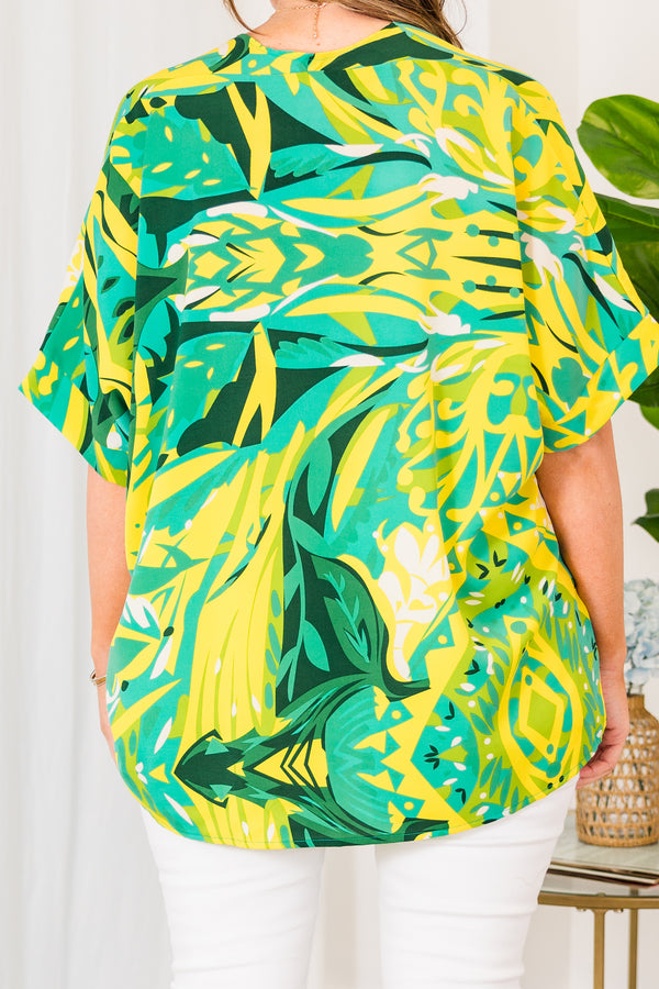 Chic Soul plus size clothing, green short sleeve top with yellow abstract pattern