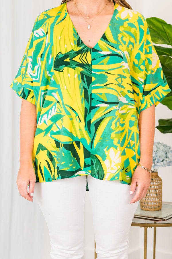 Chic Soul plus size clothing, green short sleeve top with yellow abstract pattern