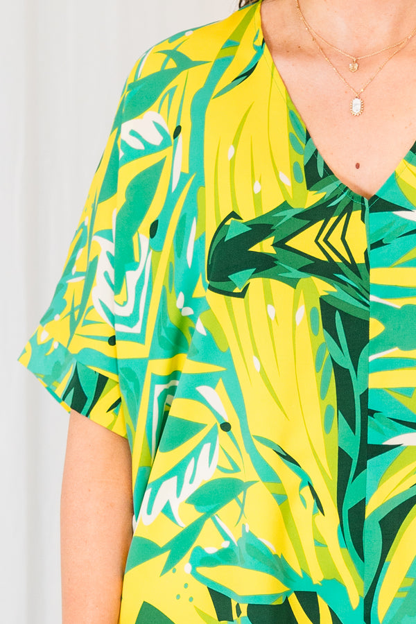 Chic Soul plus size clothing, green short sleeve top with yellow abstract pattern