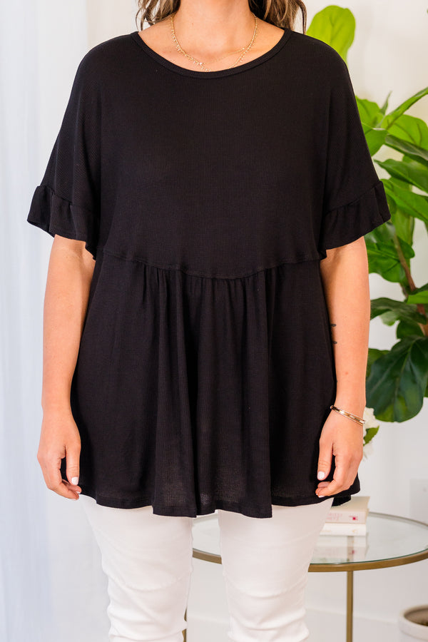 Chic Soul plus size clothing, black short sleeve top with ruffle along sleeves and scoop neck