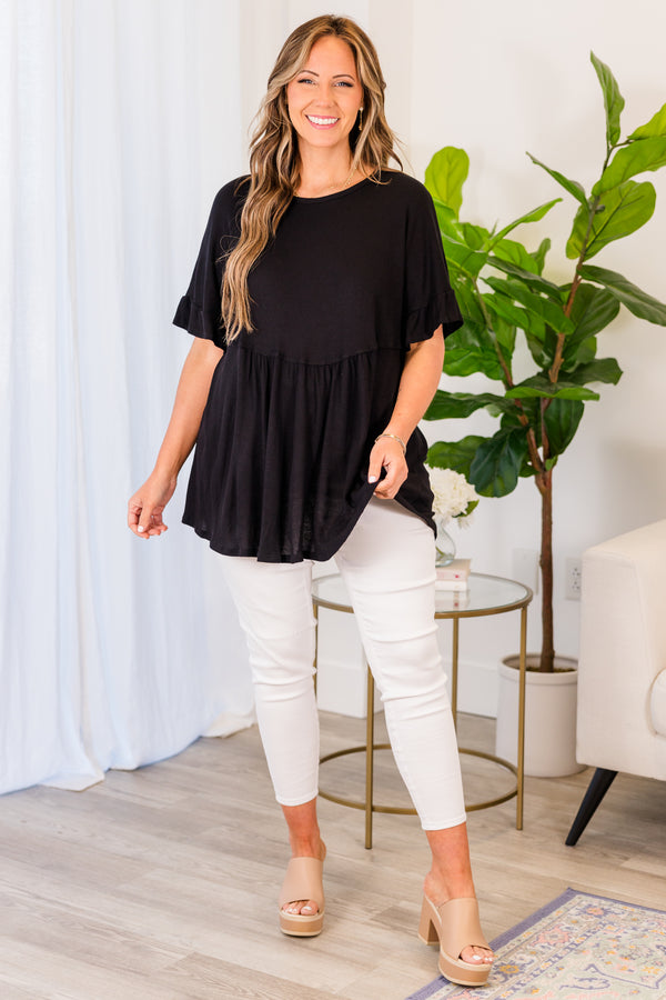 Chic Soul plus size clothing, black short sleeve top with ruffle along sleeves and scoop neck