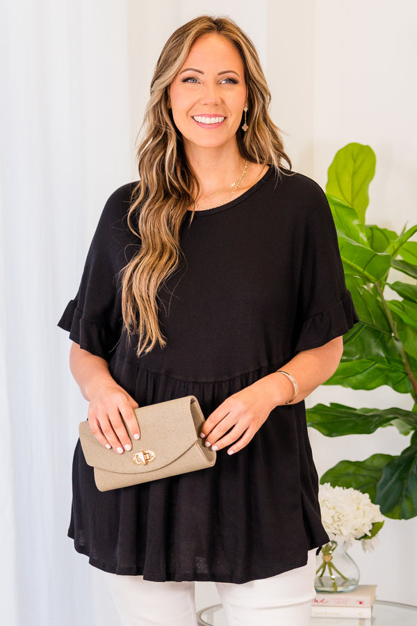 Chic Soul plus size clothing, black short sleeve top with ruffle along sleeves and scoop neck