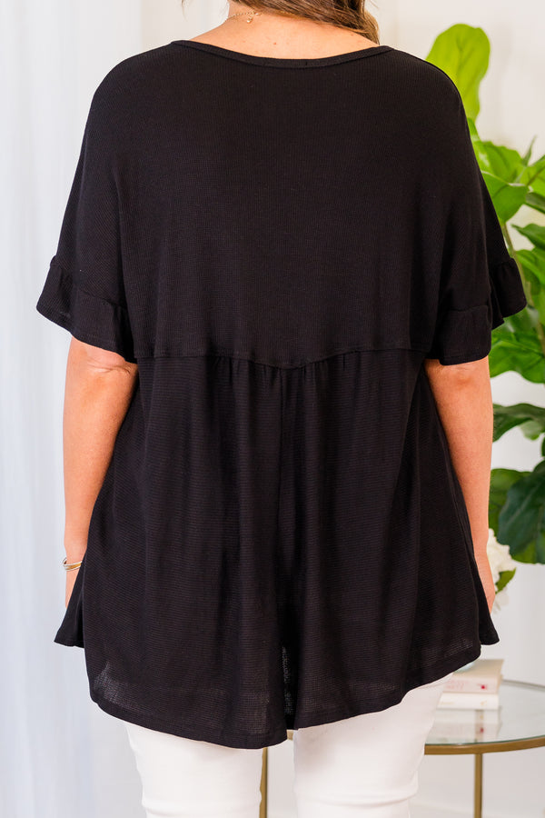 Chic Soul plus size clothing, black short sleeve top with ruffle along sleeves and scoop neck
