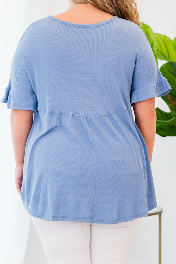   Chic Soul plus size clothing, short-sleeve denim blue ruffled baby doll top with high-scoop-neckline