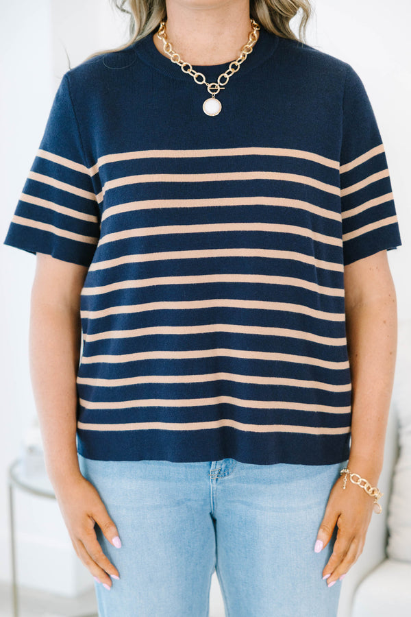 Plus size navy short-sleeve knit sweater with brown horizontal stripes and a ribbed crew neckline.