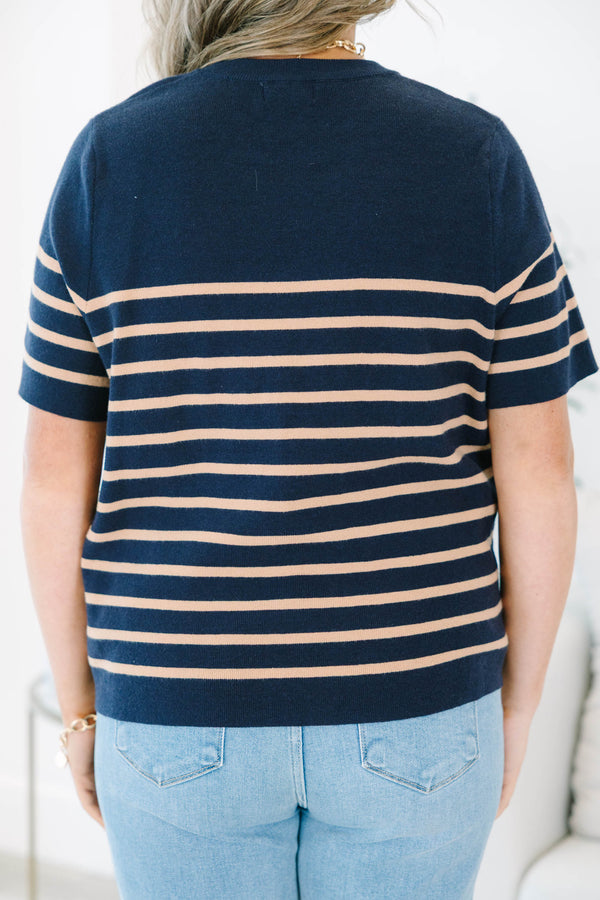 Plus size navy short-sleeve knit sweater with brown horizontal stripes and a ribbed crew neckline.
