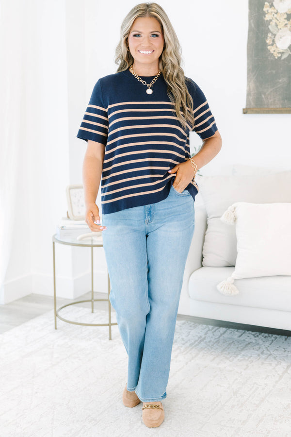 Plus size navy short-sleeve knit sweater with brown horizontal stripes and a ribbed crew neckline.