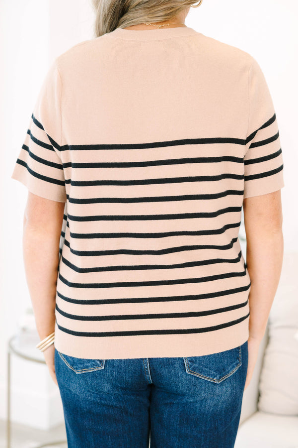 Plus Size taupe short-sleeve knit sweater with black horizontal stripes and a ribbed crew neckline.
