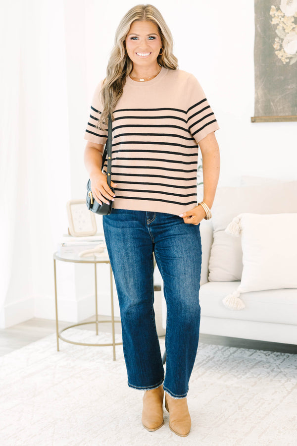 Plus Size taupe short-sleeve knit sweater with black horizontal stripes and a ribbed crew neckline.