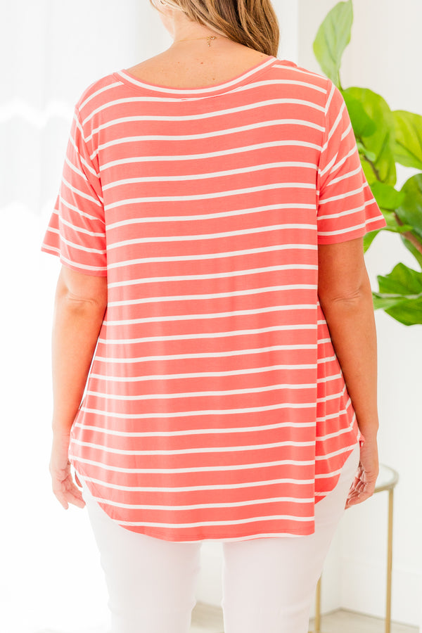 Chic Soul plus size clothing, short sleeve coral-ivory striped top with v-neckline