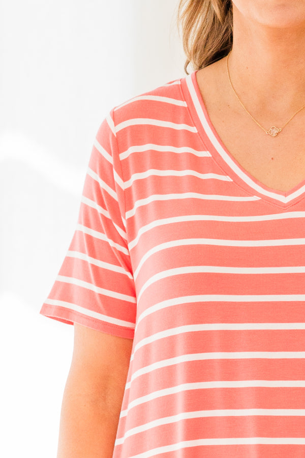 Chic Soul plus size clothing, short sleeve coral-ivory striped top with v-neckline