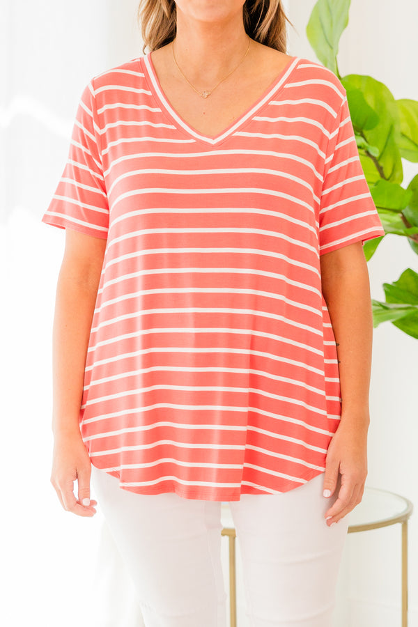 Chic Soul plus size clothing, short sleeve coral-ivory striped top with v-neckline