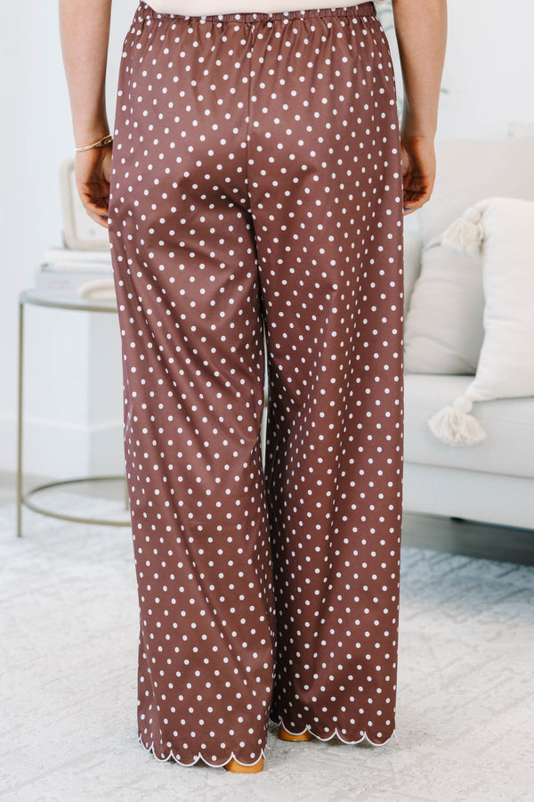 Plus size clothing, brown and white polka dot pants with elastic waistband and adjustable drawstring