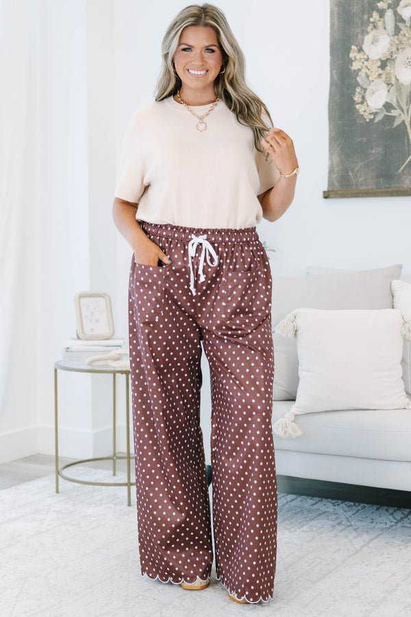 Plus size clothing, brown and white polka dot pants with elastic waistband and adjustable drawstring