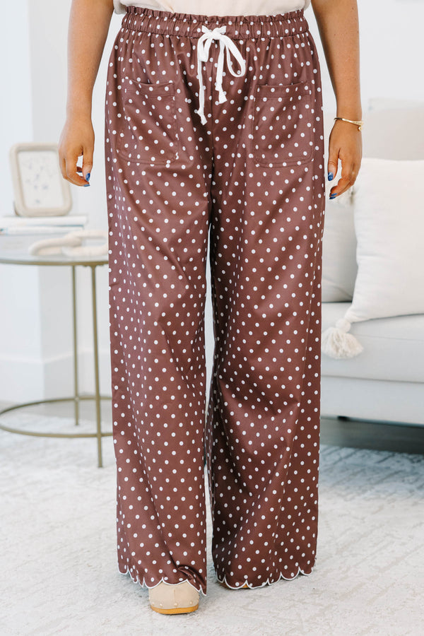 Plus size clothing, brown and white polka dot pants with elastic waistband and adjustable drawstring