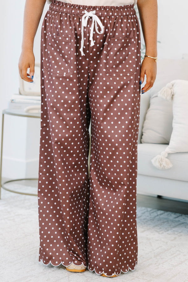 Plus size clothing, brown and white polka dot pants with elastic waistband and adjustable drawstring