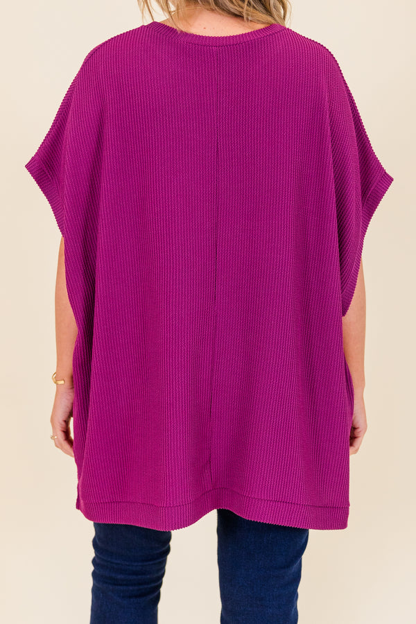 Chic Soul plus size clothing, short-sleeve berry purple top with scoop-neckline and ribbed material 
