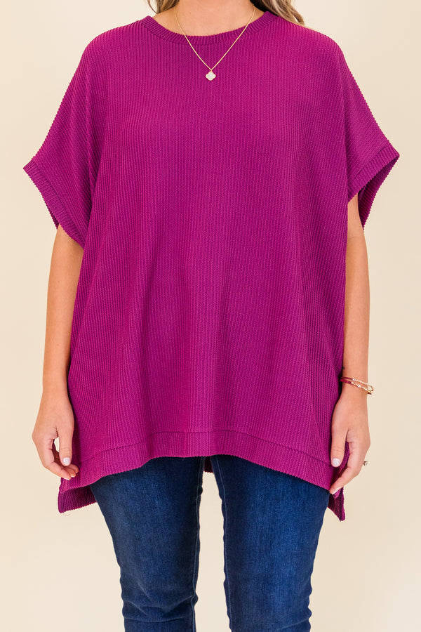 Chic Soul plus size clothing, short-sleeve berry purple top with scoop-neckline and ribbed material 