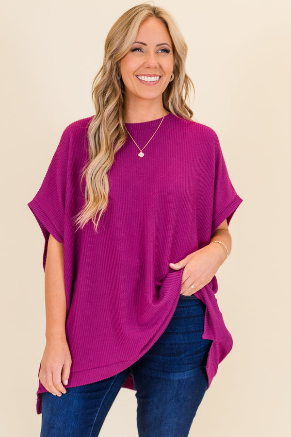 Chic Soul plus size clothing, short-sleeve berry purple top with scoop-neckline and ribbed material 