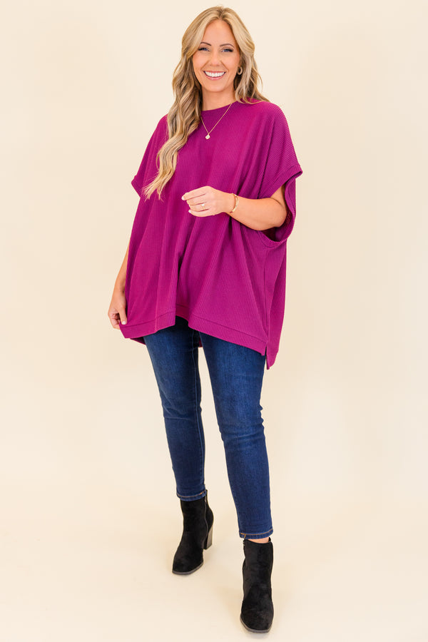 Chic Soul plus size clothing, short-sleeve berry purple top with scoop-neckline and ribbed material 