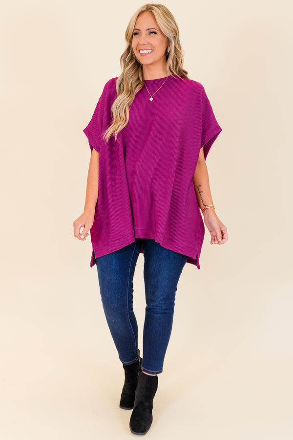 Chic Soul plus size clothing, short-sleeve berry purple top with scoop-neckline and ribbed material 
