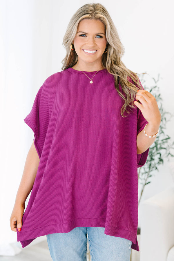 Chic Soul plus size clothing, short-sleeve berry purple top with scoop-neckline and ribbed material 