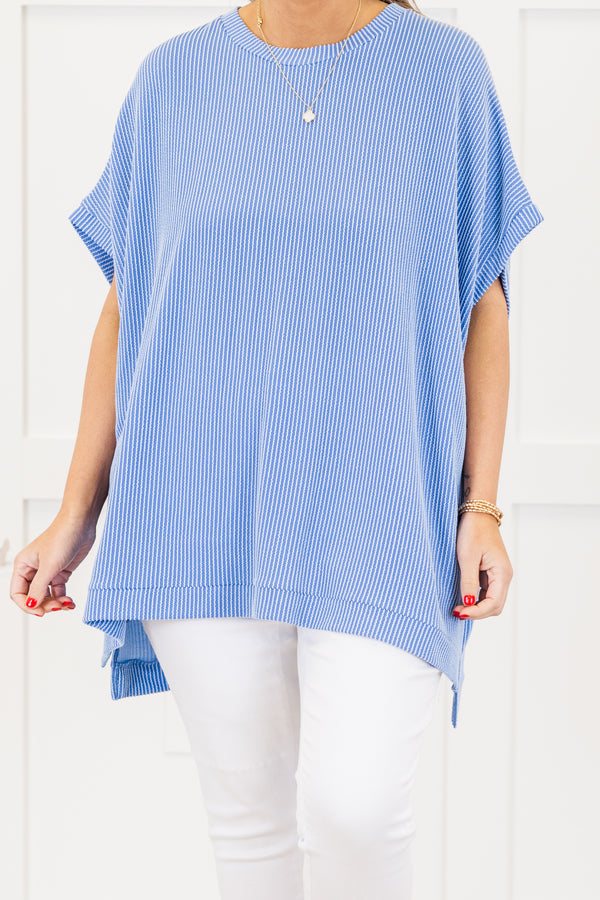 Chic Soul plus size clothing, short-sleeve stretchy comfortable blue ribbed top with a scoop-neckline 