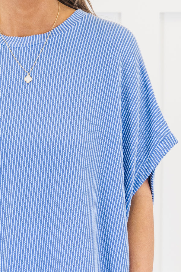 Chic Soul plus size clothing, short-sleeve stretchy comfortable blue ribbed top with a scoop-neckline 