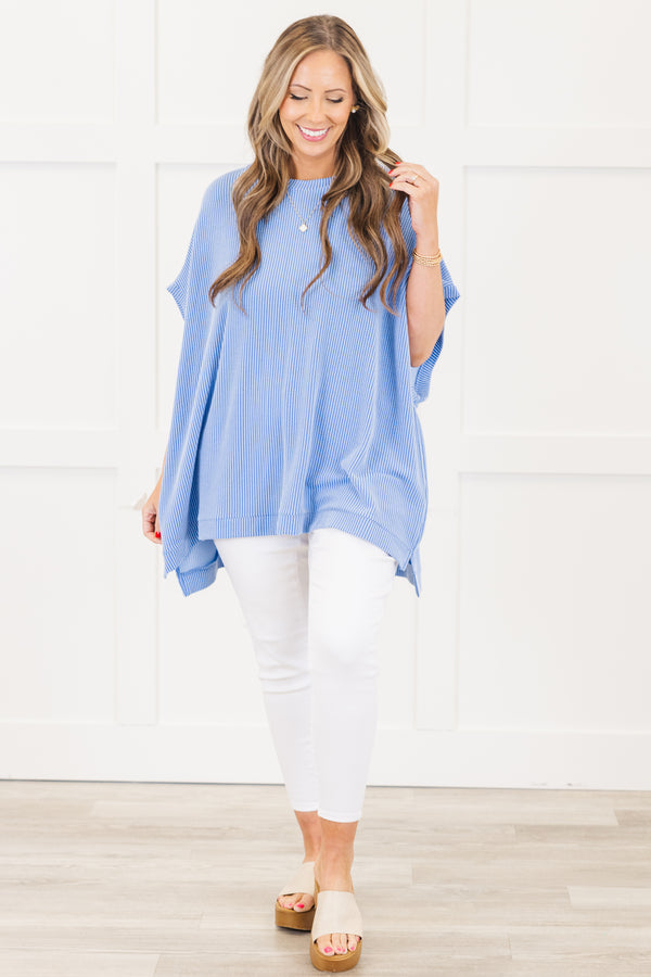 Chic Soul plus size clothing, short-sleeve stretchy comfortable blue ribbed top with a scoop-neckline 