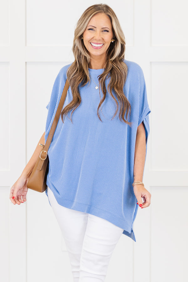 Chic Soul plus size clothing, short-sleeve stretchy comfortable blue ribbed top with a scoop-neckline 