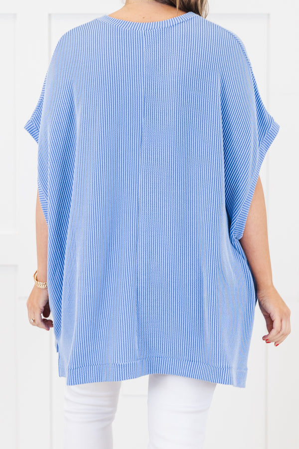 Chic Soul plus size clothing, short-sleeve stretchy comfortable blue ribbed top with a scoop-neckline 