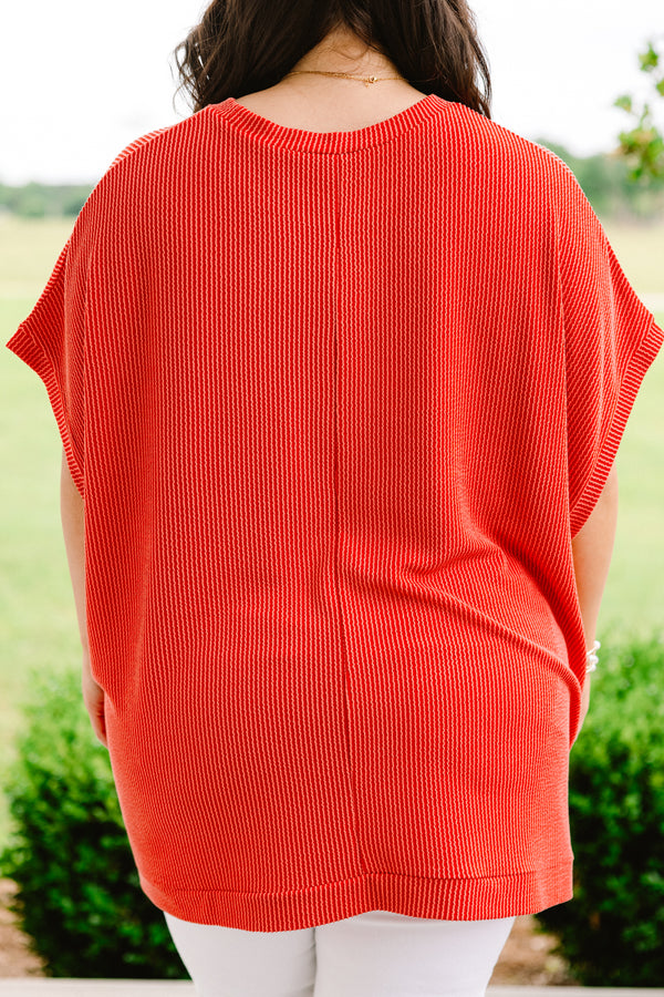 Chic Soul plus size clothing, burnt orange relaxed short sleeve ribbed top with seam down middle 